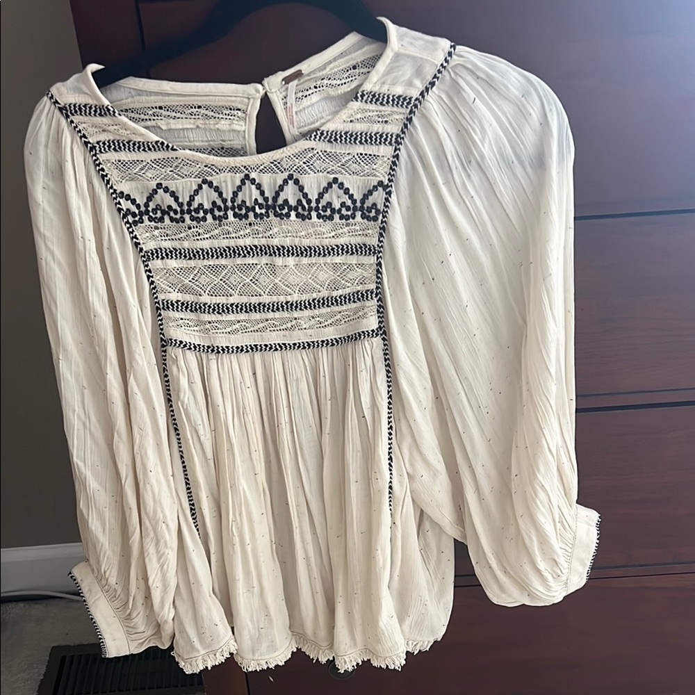 Cream Puff Sleeve Long Sleeve Blouse with Embellished Bib Collar